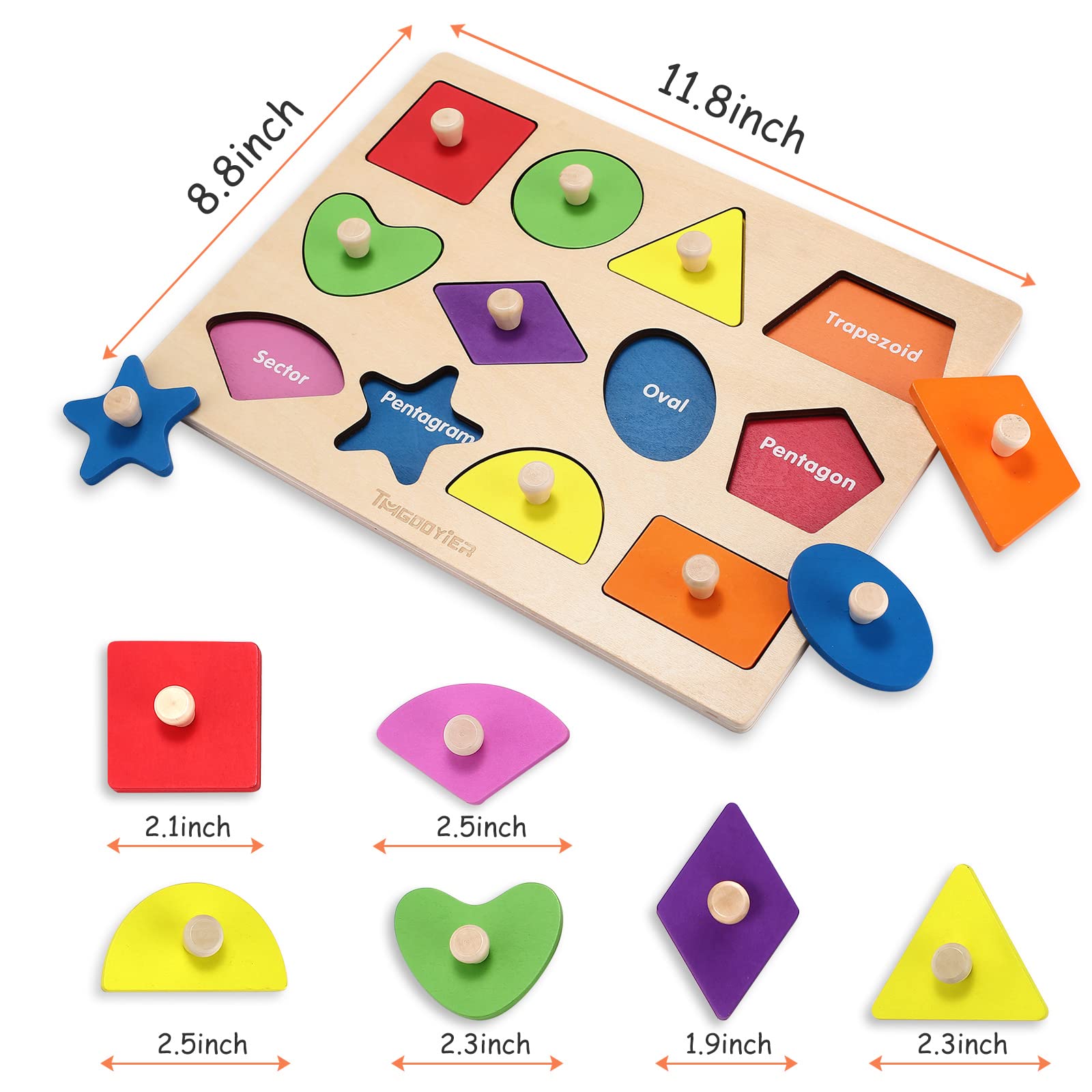 NUGZIX Wood Toddler Puzzles Ages 1-3 First Shapes Jumbo Knob Wooden Peg Puzzles for Baby Montessori Educational Learning Puzzle Geometric Shape Sorting Toy