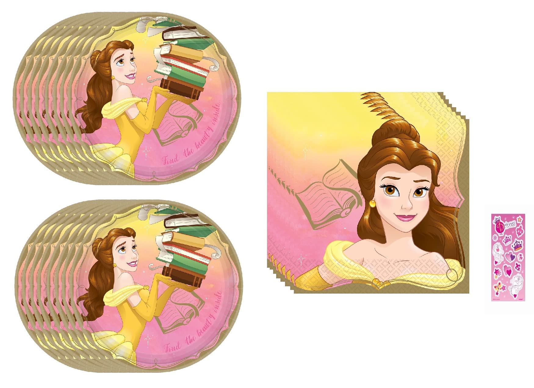 Belle Disney Princess Birthday Party Supplies Bundle Pack includes Lunch Paper Plates and Lunch Paper Napkins (Bundle for 16)