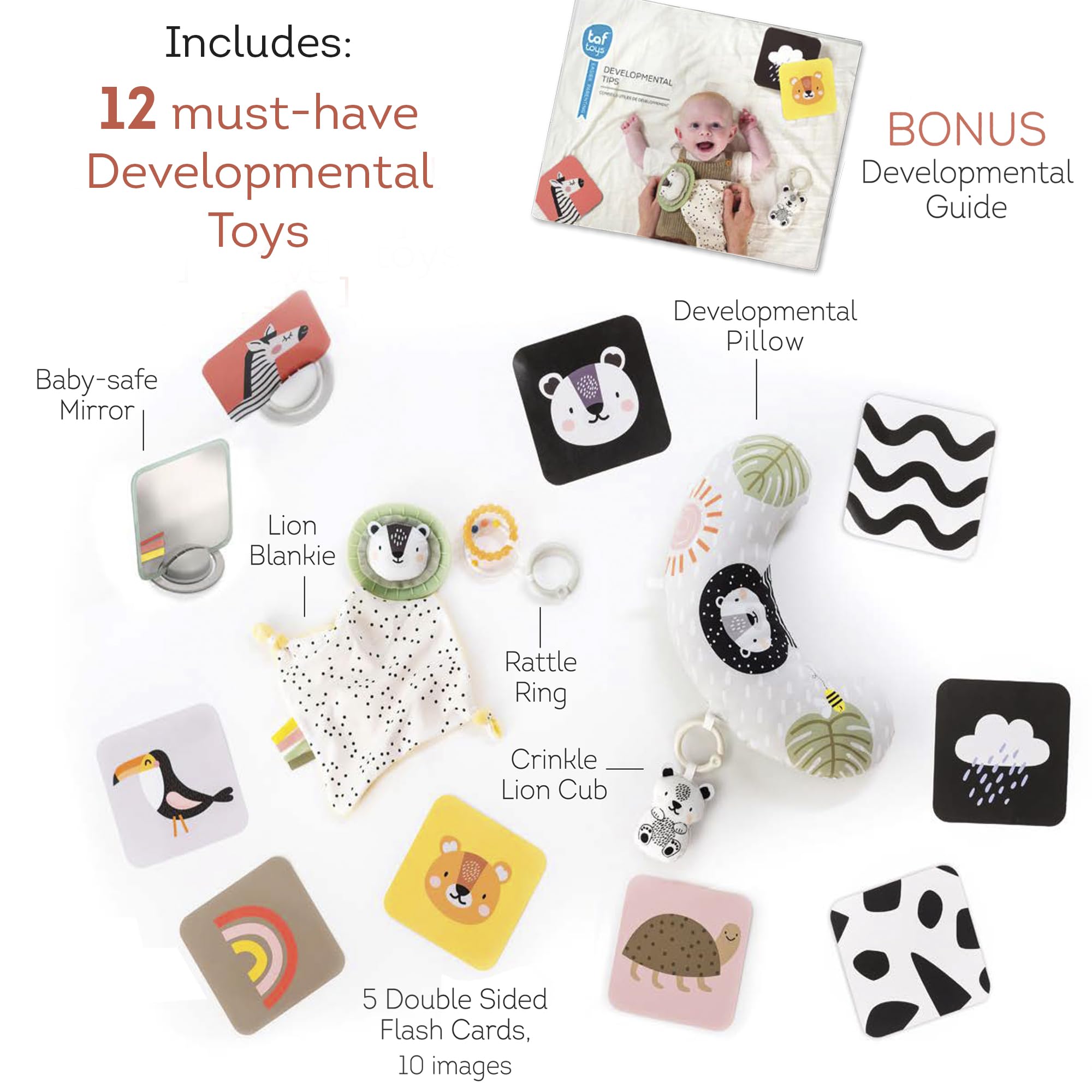 Taf Toys Newborn Developmental Toy Kit, Perfect for Boys and Girls, Includes 12 Essential Baby Boy and Girl Toys for Learning and Stimulation, Ideal New Baby Gift Basket