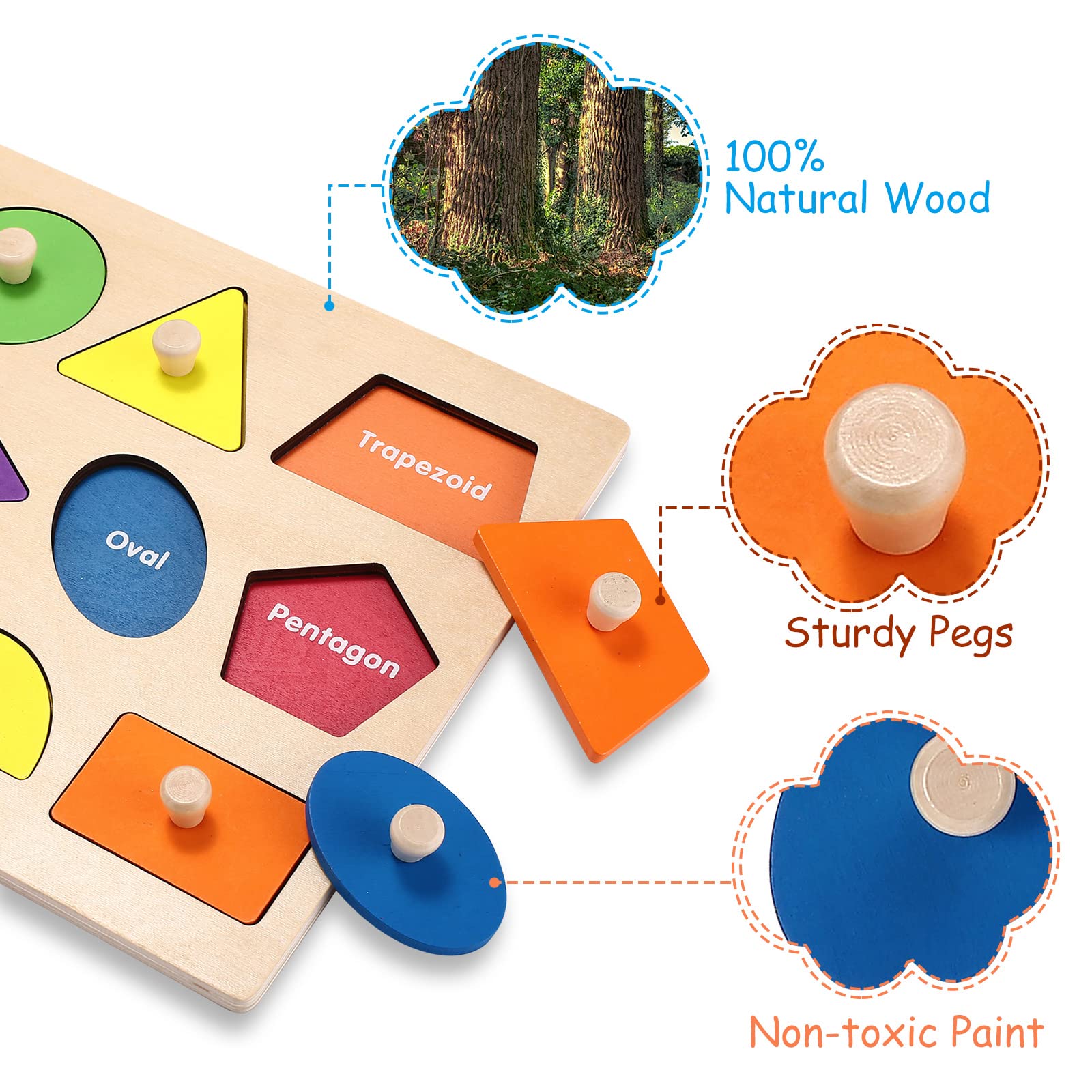 NUGZIX Wood Toddler Puzzles Ages 1-3 First Shapes Jumbo Knob Wooden Peg Puzzles for Baby Montessori Educational Learning Puzzle Geometric Shape Sorting Toy