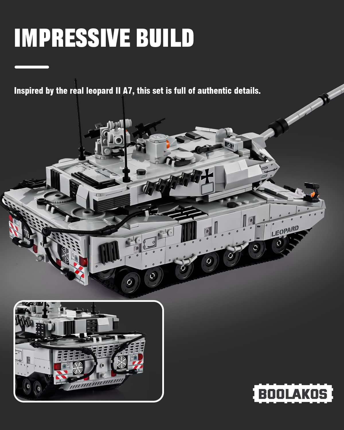 BOOLAKOS Leopard II A7 Main Battle Tank Building Block, Military Tank Building Toy Set to Display, Collectible WW2 Army Tank Model for Adults (1,498 Pieces)