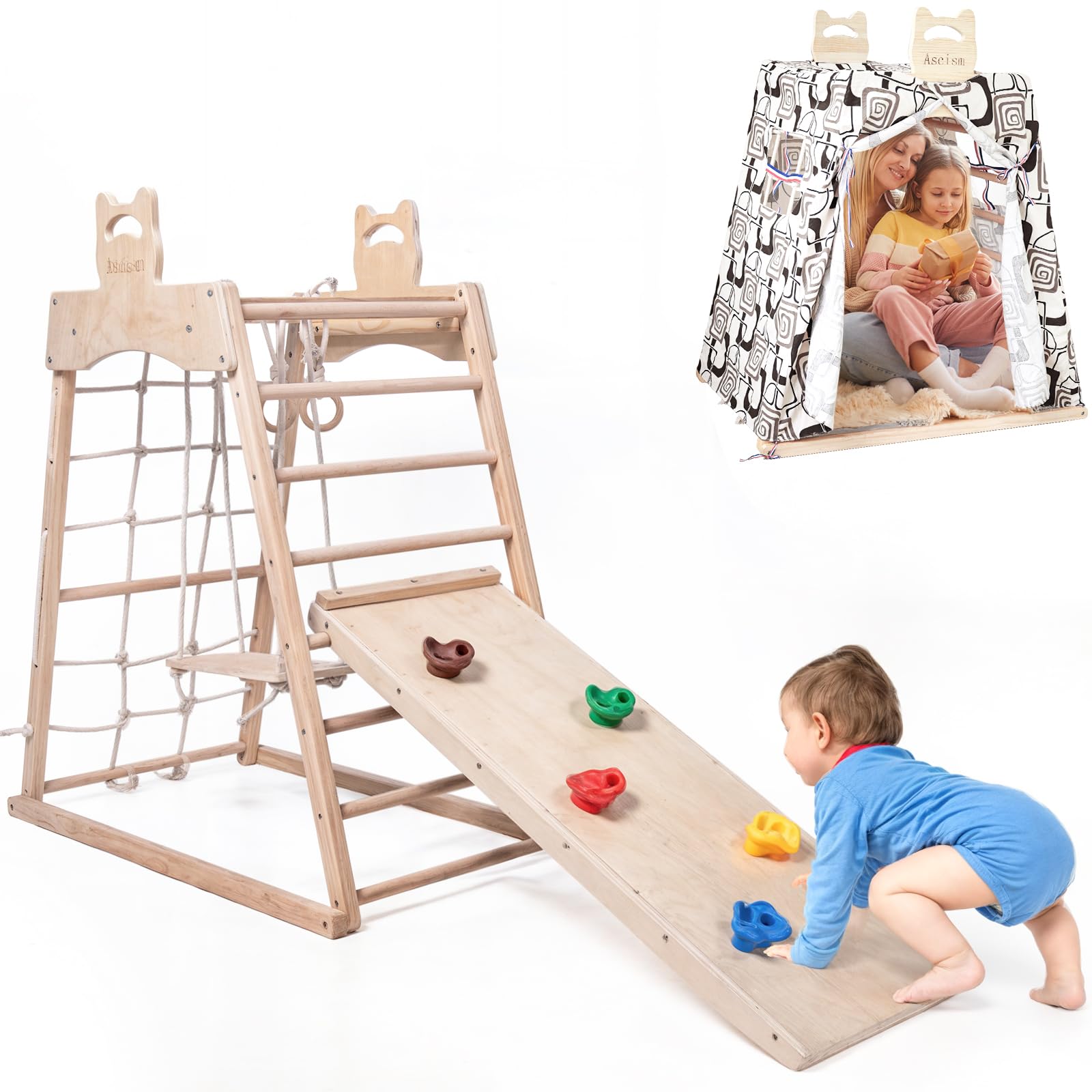 Ascism Jungle Gym Indoor (8 in 1) Wooden Indoor Playground, Toddler Wooden Climbing Toys, Montessori Playset, Gym with Slide, Climbing Net, Swing, Tent, Gymnastics Ring…