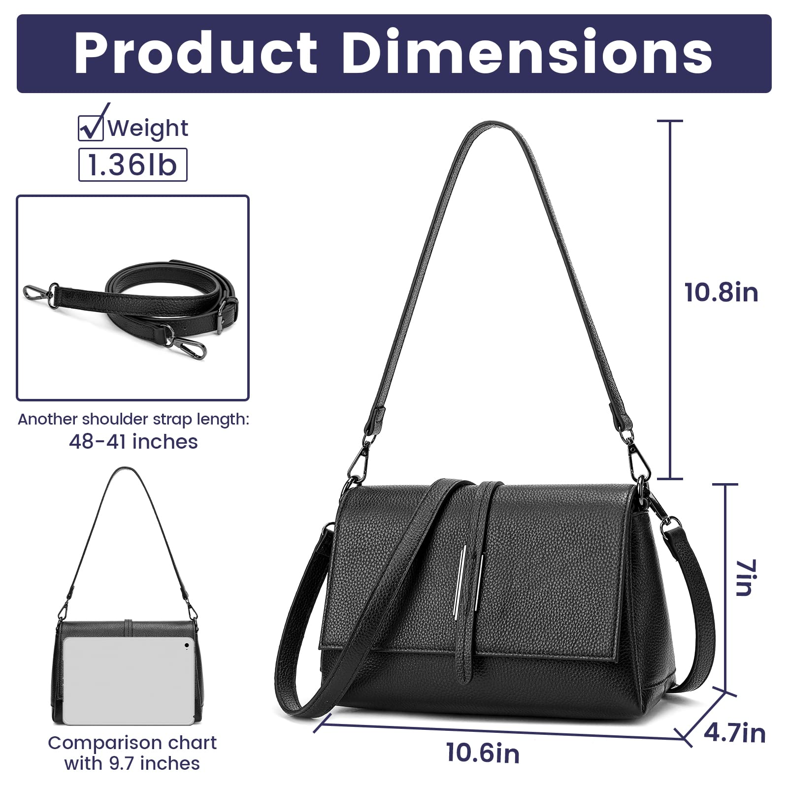 SHESTORY Women Genuine Leather Shoulder Bags Crossbody Purses for Lady Handbag (Black)