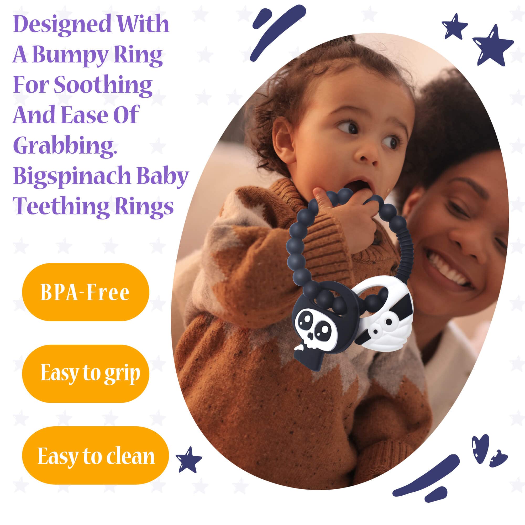 BIGSPINACH Mummy Teether and Cute Grim Reaper Ring Teether Halloween Activities Designed with a Bumpy Ring for Soothing and Ease of Grabbing