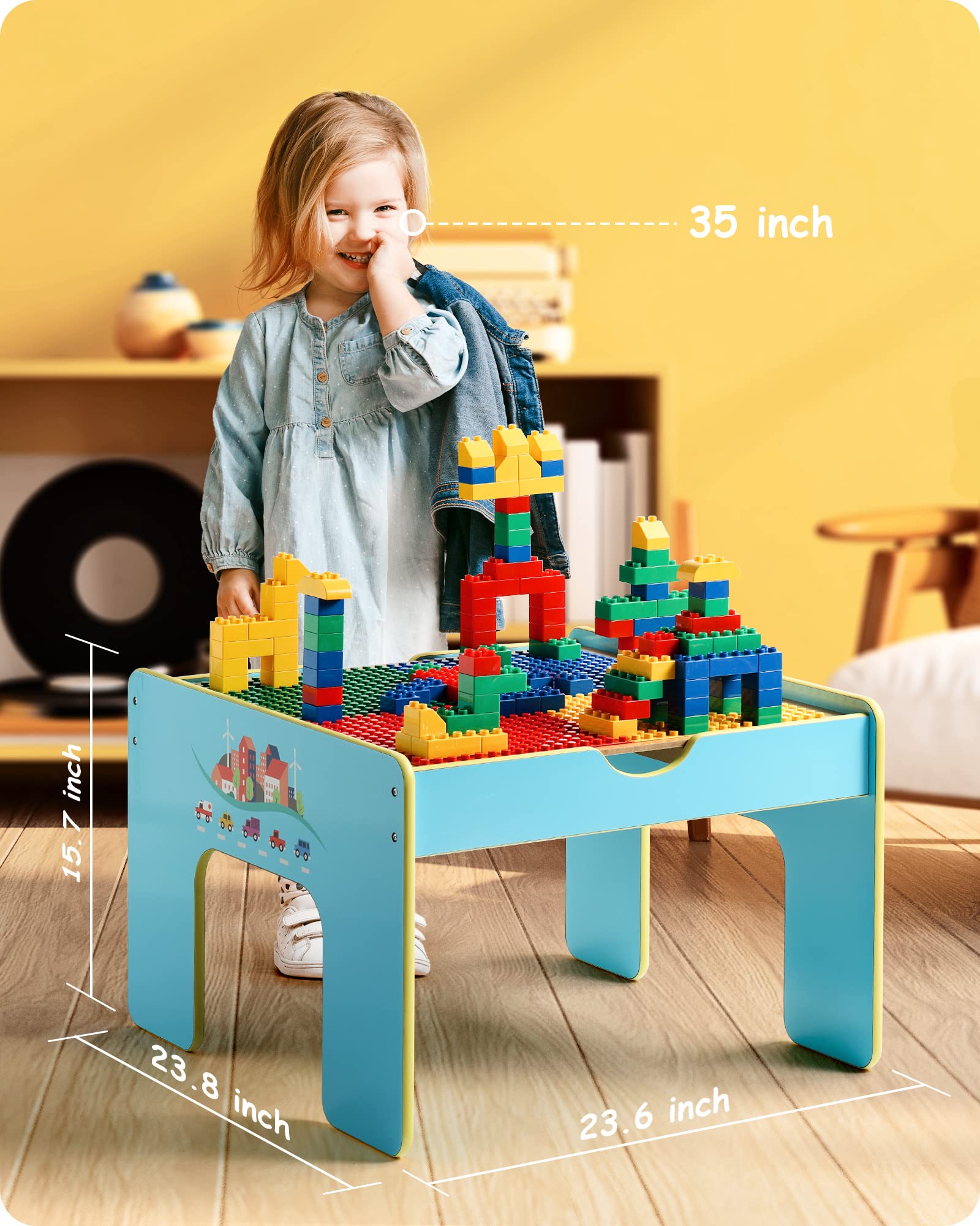 SainSmart Jr. Wooden Train Activity Table 116pcs, 3-in-1 Kids Playset with Large Building Blocks, Track Set and Reversible Top for Toddlers