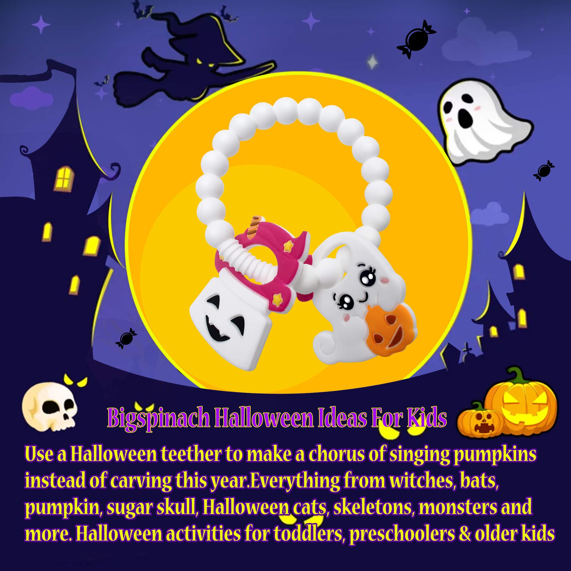 BIGSPINACH Ghost Teether and Cute Ghouls Ring Teether Halloween Activities for Toddlers, Preschoolers & Older Kids