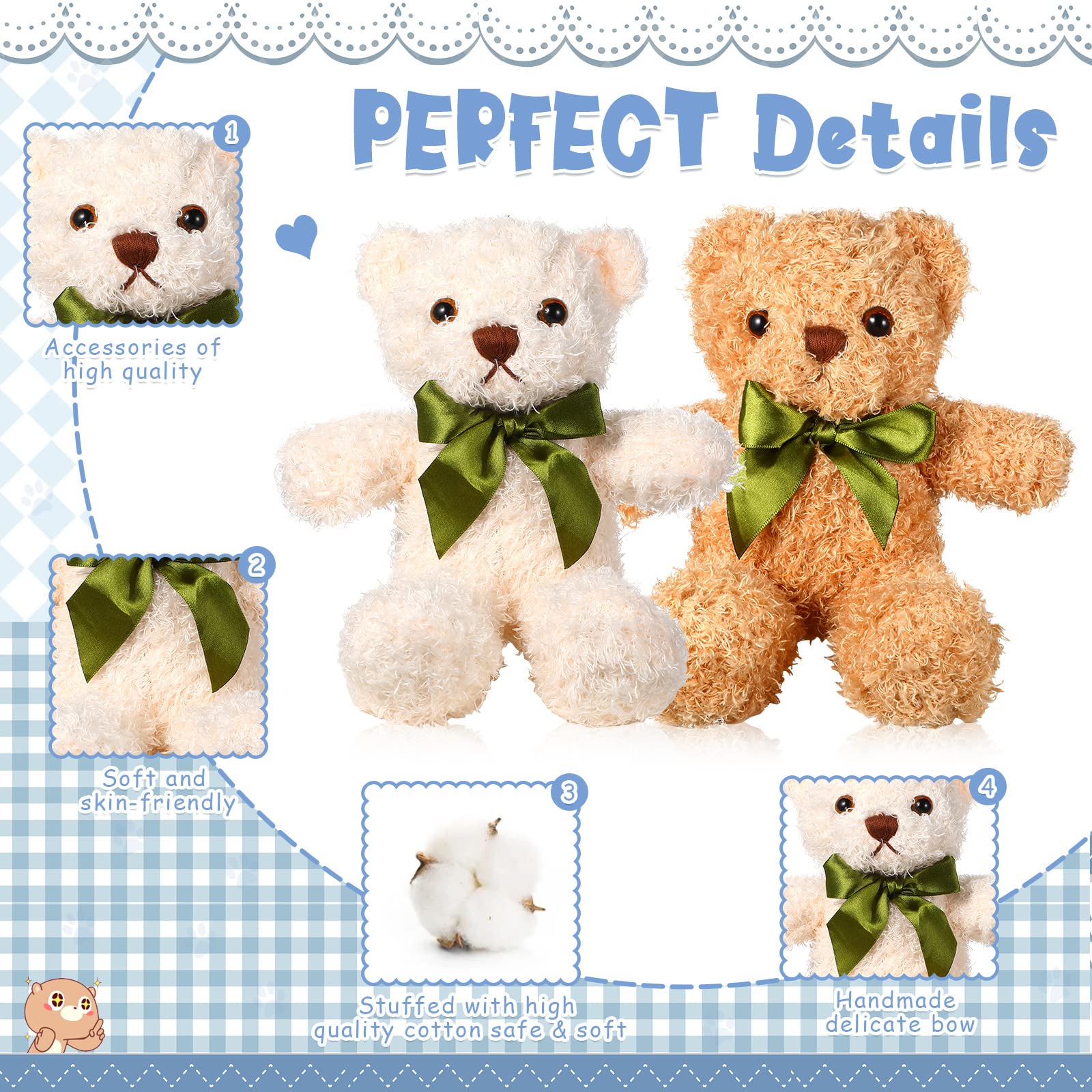 HyDren 15 Pieces Plush Stuffed Bears, 10 Inch Cute Soft Stuffed Bear Toy with Bow Tie for Graduation Baby Shower Christmas Birthday Party Gift Favors (Brown, White)