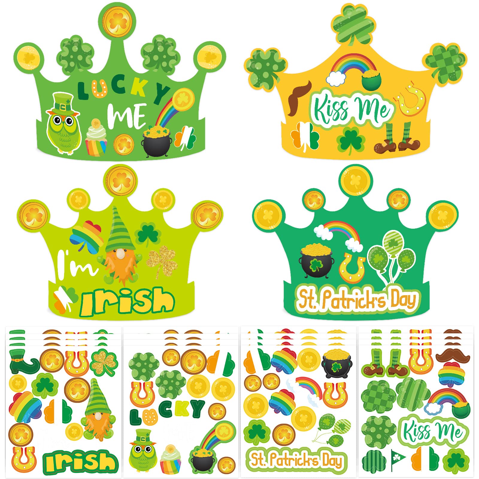 FANCY LAND Craft Kit, 24pcs St. Patrick’s Day Paper Crown & Stickers, Shamrock Party Favors, Kids DIY Irish Themed Hat, Adjustable & Durable