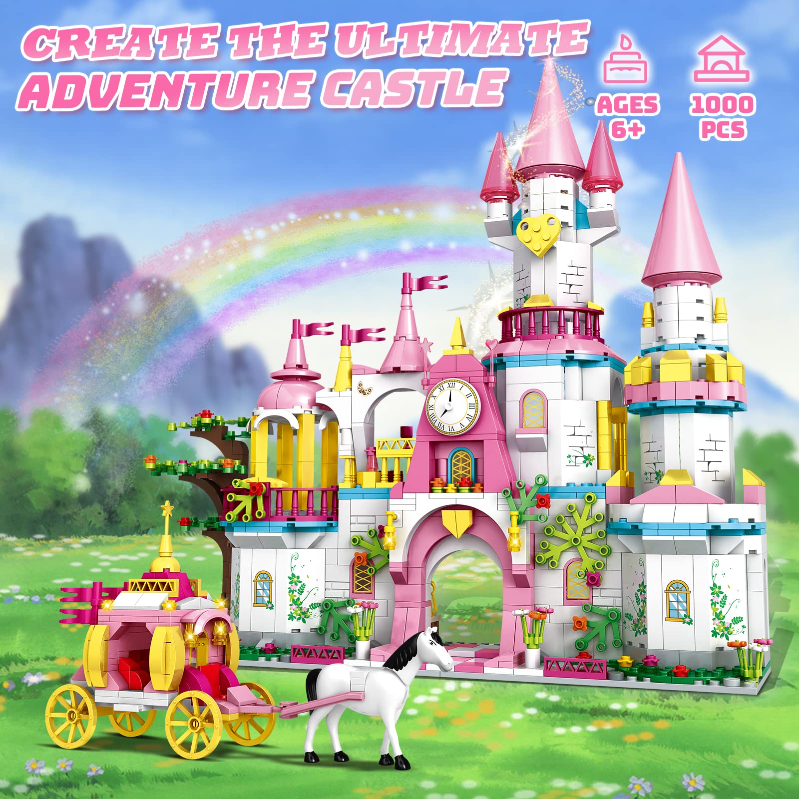 Castle STEM Building Toys for Girls Ages 6 7 8 9 10 11 12 Years Old, VINTOP Building Sets for Girl Boys, 1000PCS Pink Princess Castle Carriage Playsets Creative Building Blocks Xmas Toy Gifts for Kids