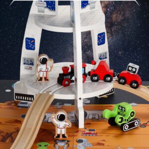 SainSmart Jr. Wooden Train Track Accessory, Space Launcher Rocket Ship Play Set with Astronauts, Compatible with Brio, Thomas, Melissa and Doug