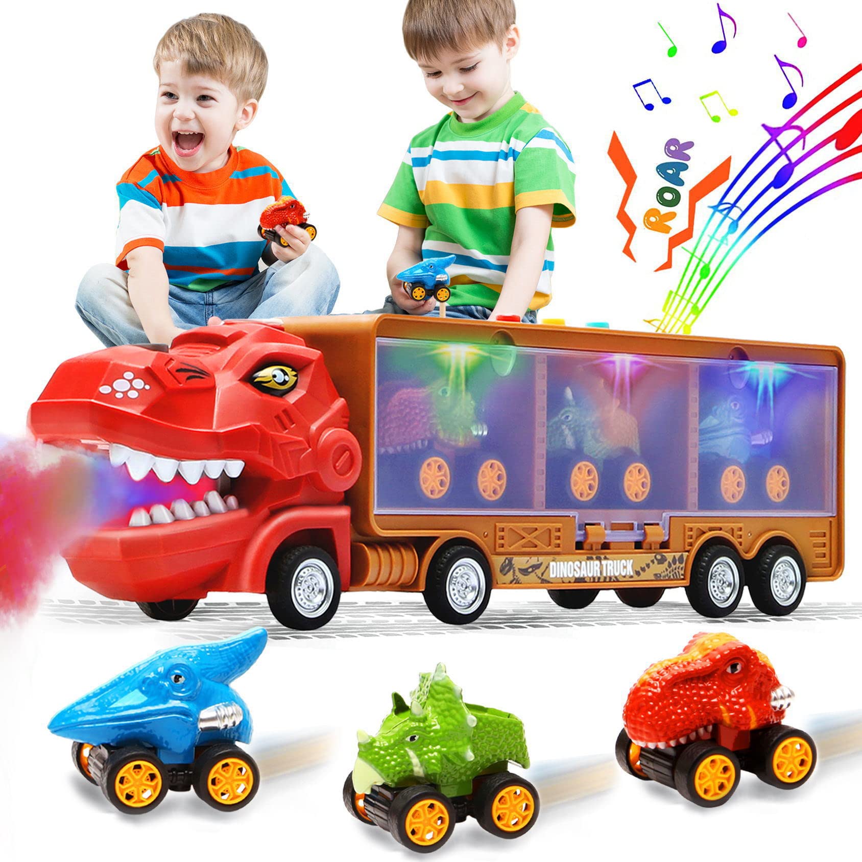 Dinosaur Toys for 3 Year Old Boys,Spray Mist Dinosaur Toys for Kids 3-5,Lights/Roaring/Music Kids Toys for Boys with 3 Dinosaur Pull Back Toy Cars,Toys for 2 3 4 Year Old Boys,Christmas Birthday Gift