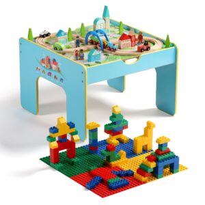 sainsmart jr. wooden train activity table 116pcs, 3-in-1 kids playset with large building blocks, track set and reversible top for toddlers