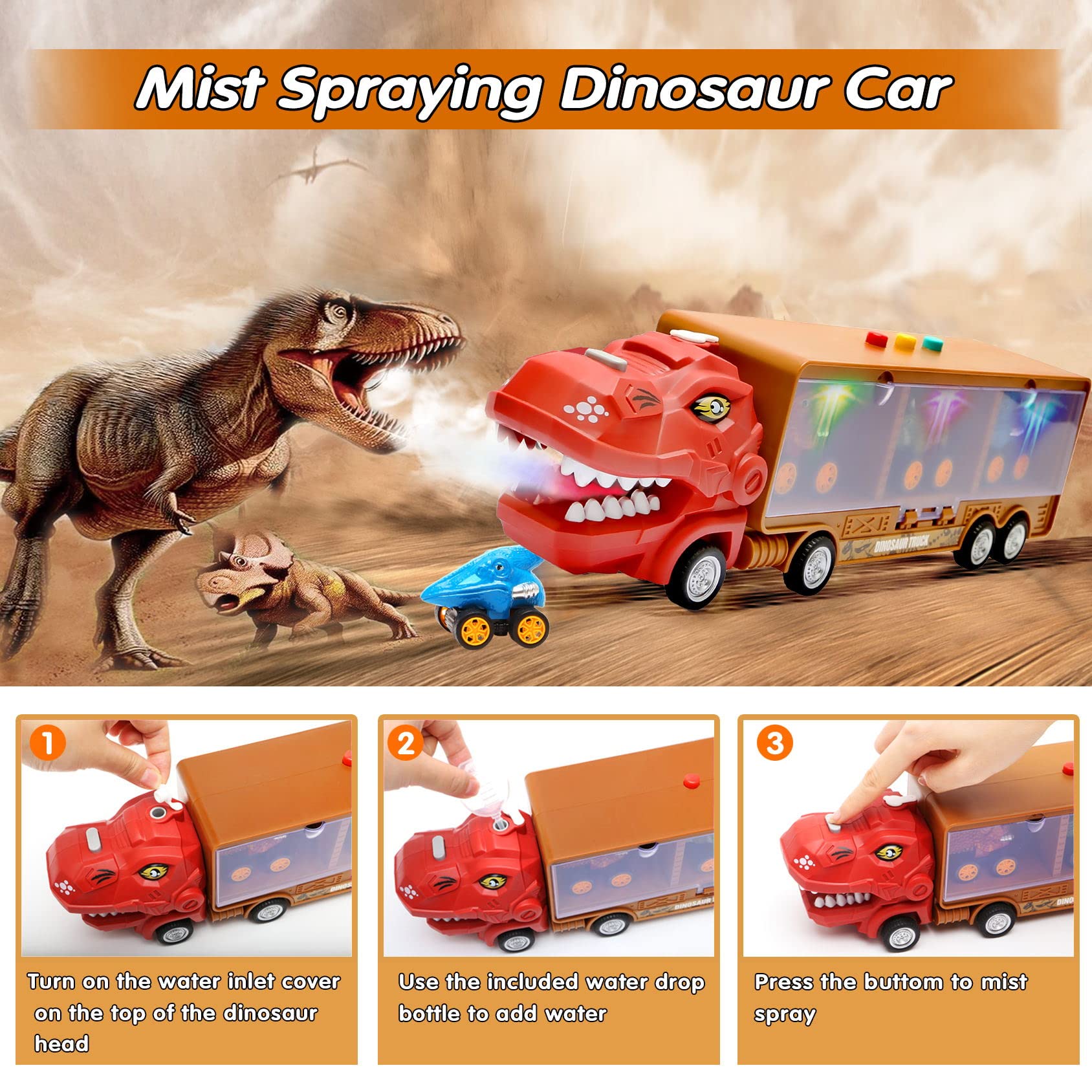 Dinosaur Toys for 3 Year Old Boys,Spray Mist Dinosaur Toys for Kids 3-5,Lights/Roaring/Music Kids Toys for Boys with 3 Dinosaur Pull Back Toy Cars,Toys for 2 3 4 Year Old Boys,Christmas Birthday Gift