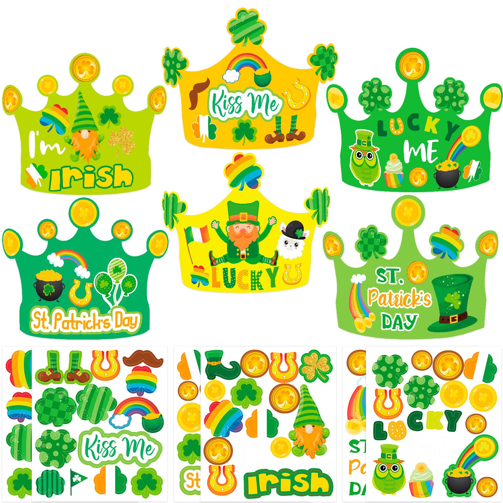 FANCY LAND Craft Kit, 24pcs St. Patrick’s Day Paper Crown & Stickers, Shamrock Party Favors, Kids DIY Irish Themed Hat, Adjustable & Durable