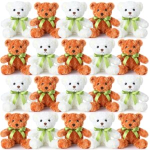 hydren 24 pcs bear bulk plush stuffed animals 10 inch cute soft stuffed bear with green bow for baby shower birthday gift party (light brown, white)