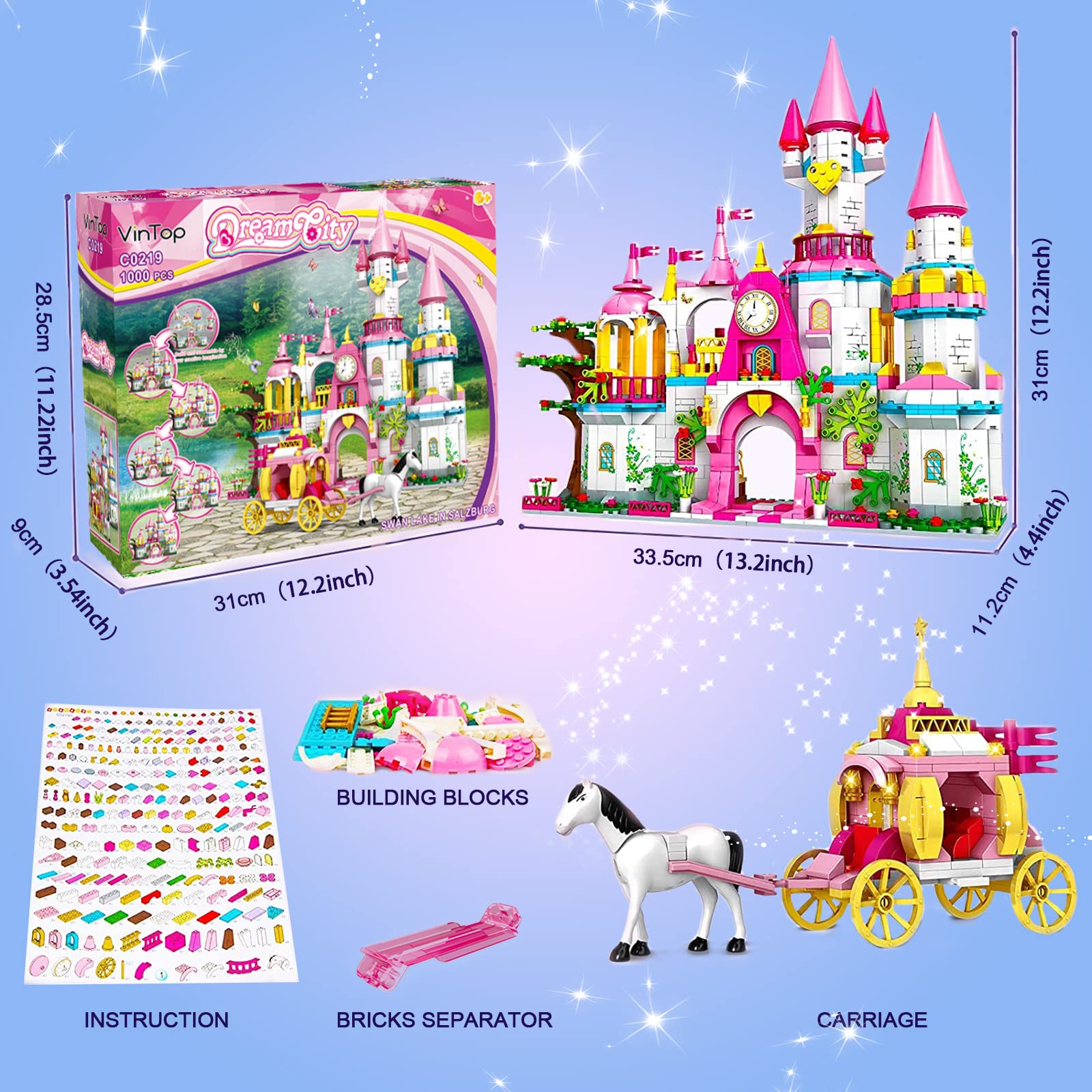 Castle STEM Building Toys for Girls Ages 6 7 8 9 10 11 12 Years Old, VINTOP Building Sets for Girl Boys, 1000PCS Pink Princess Castle Carriage Playsets Creative Building Blocks Xmas Toy Gifts for Kids