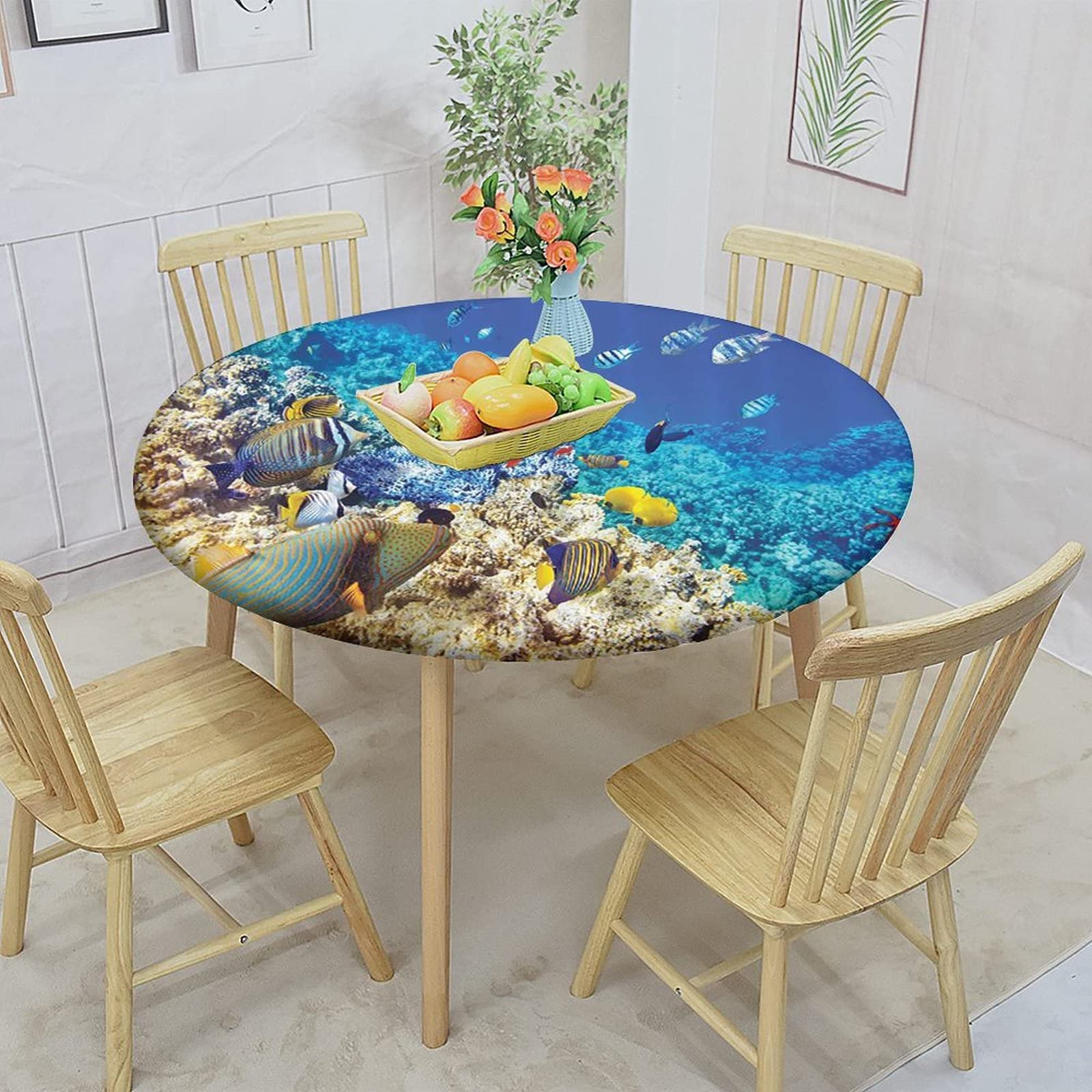 Ocean Round Fitted Tablecloth,Sea Exotic Natural View Tropical Print Elastic Edged Polyester Table Pad, XLarge, Fit Round Tables up 59"-63" Diameter, for Wedding Party Dining Banquet