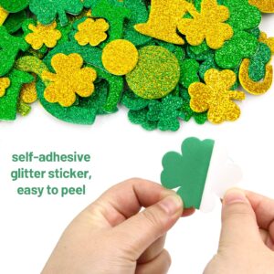 Glitter St Patrick’s Day Foam Stickers Shamrock Clover Shaped Green Gold Self Adhesive Stickers for Kids Irish Party Craft 240Pcs