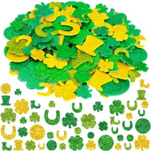 Glitter St Patrick’s Day Foam Stickers Shamrock Clover Shaped Green Gold Self Adhesive Stickers for Kids Irish Party Craft 240Pcs