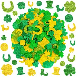 Glitter St Patrick’s Day Foam Stickers Shamrock Clover Shaped Green Gold Self Adhesive Stickers for Kids Irish Party Craft 240Pcs