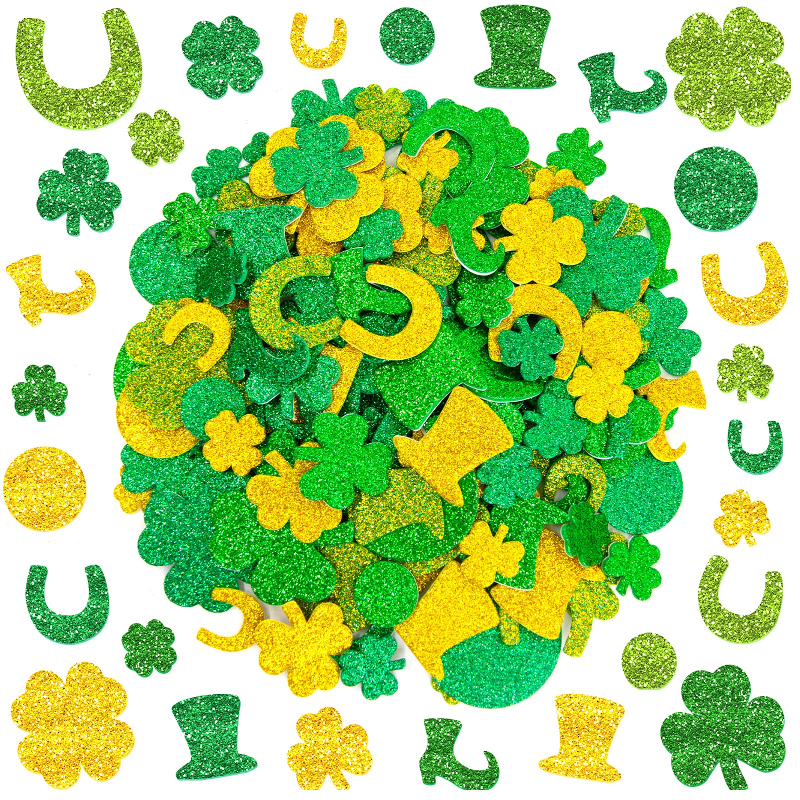 Glitter St Patrick’s Day Foam Stickers Shamrock Clover Shaped Green Gold Self Adhesive Stickers for Kids Irish Party Craft 240Pcs