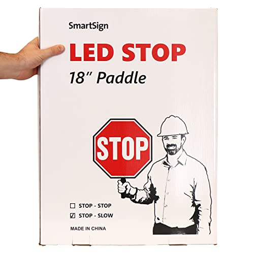 SmartSign LED STOP SLOW Paddle - Reflective Hand Held Stop Slow Sign with Handle, 18" Double-Sided, Steady/Flashing LED Light Modes, Rechargeable, Pack of 1