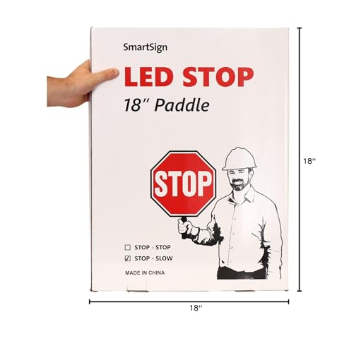 SmartSign LED STOP SLOW Paddle - Reflective Hand Held Stop Slow Sign with Handle, 18" Double-Sided, Steady/Flashing LED Light Modes, Rechargeable, Pack of 1