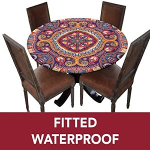 Paisley Round Fitted Tablecloth Cover,Arabic Style Inspired Design Flowers Elastic Edged Polyester Fitted Table Cover, XXLarge, Fit Round Tables up 65"-71" Diameter, for Restaurant Picnic Party