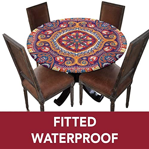 Paisley Round Fitted Tablecloth Cover,Arabic Style Inspired Design Flowers Elastic Edged Polyester Fitted Table Cover, XXLarge, Fit Round Tables up 65"-71" Diameter, for Restaurant Picnic Party