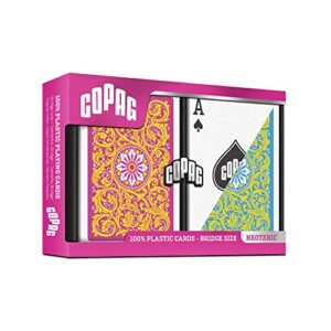 copag 1546 neoteric design 100% plastic playing cards, bridge size (narrow) regular index yellow/pink/blue double deck set