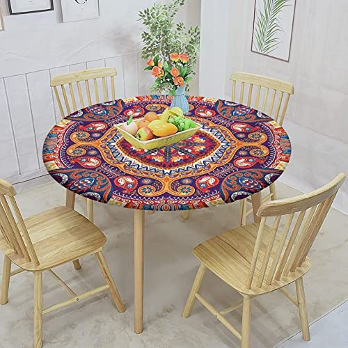 Paisley Round Fitted Tablecloth Cover,Arabic Style Inspired Design Flowers Elastic Edged Polyester Fitted Table Cover, XXLarge, Fit Round Tables up 65"-71" Diameter, for Restaurant Picnic Party