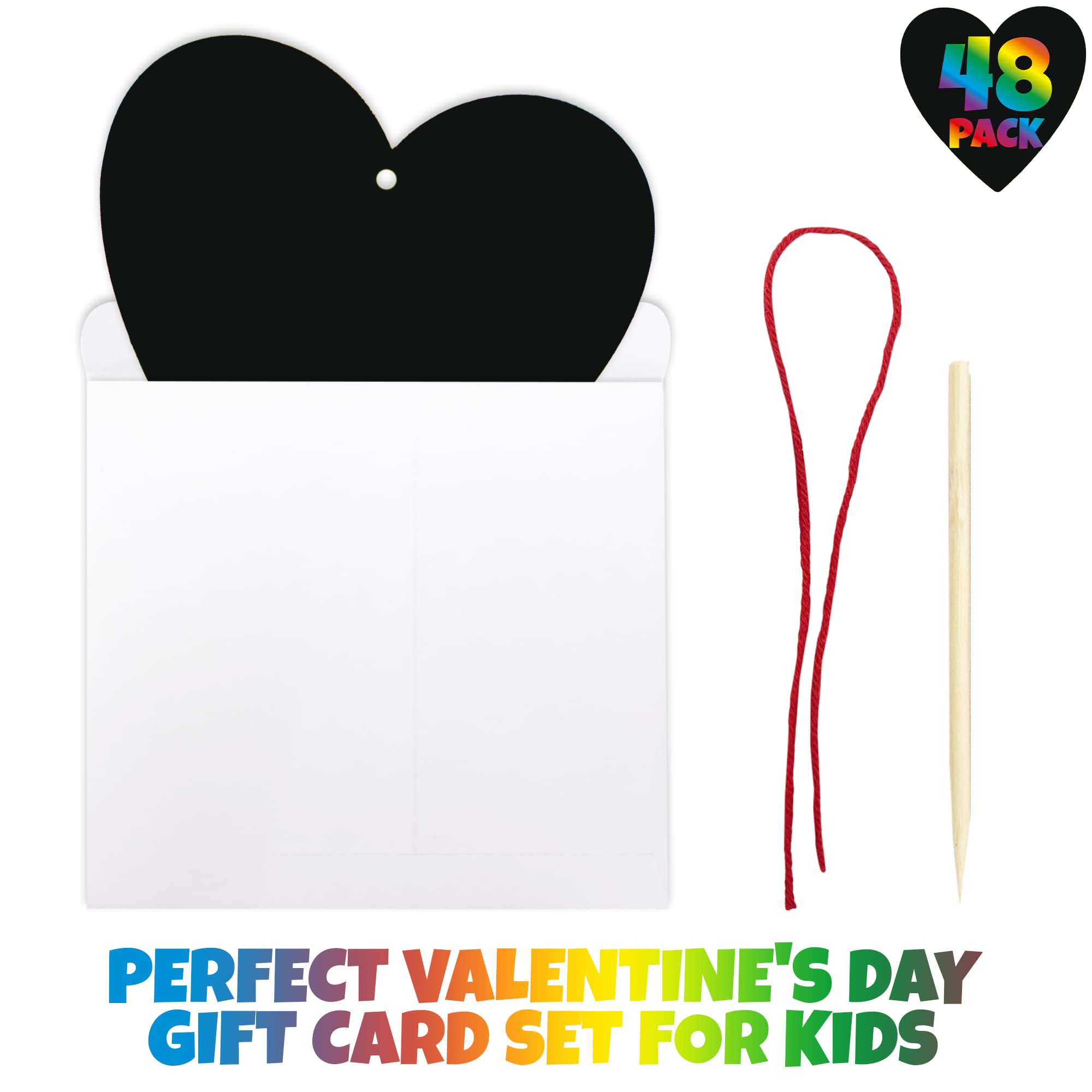 ArtCreativity 48 Pack Scratch Off Valentine Cards for Kids Classroom, Set of 48 Valentine Kids Cards Ink-Free Scratch Off Hearts with Scratch Sticks, Red String, and Envelopes, Valentines Kids Crafts