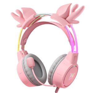 simgal antler gaming headset with mic, 3.5mm lightweight headphones with rgb aluminum frame, surround sound, compatible with ps4 ps5 xbox one(adapter not included) pc mobile (pink with antler)