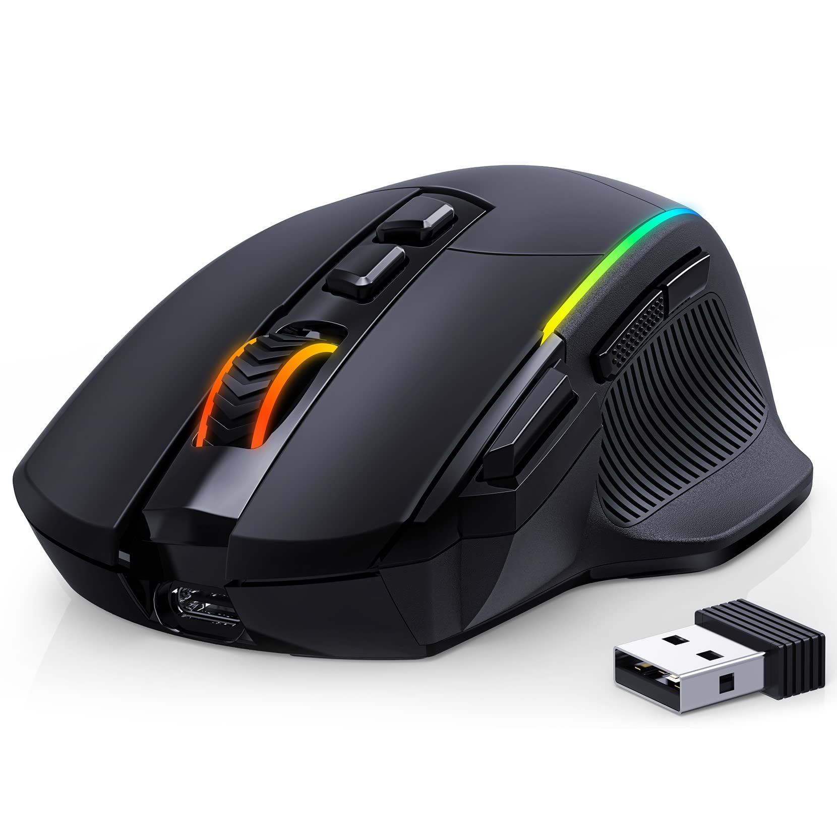 RisoPhy Wireless Gaming Mouse,Tri-Mode 2.4G/USB-C/Bluetooth Mouse Up to 10000DPI,Chroma RGB Backlit,Ergonomic Mouse with 8 Programmable Buttons,Rechargeable Computer Mouse for Laptop,PC,Mac