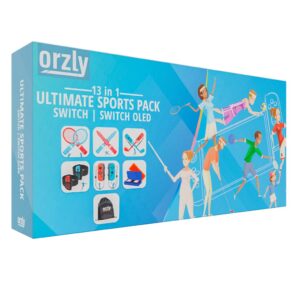 Orzly Switch Sports Games 2024 Accessories Bundle Pack for Nintendo Switch & Switch OLED with Tennis Rackets, Golf Clubs, Chambara Swords, Soccer Leg Straps & Joycon Grips - With Carry Bag