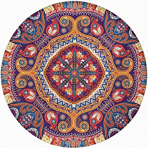 Paisley Round Fitted Tablecloth Cover,Arabic Style Inspired Design Flowers Elastic Edged Polyester Fitted Table Cover, XXLarge, Fit Round Tables up 65"-71" Diameter, for Restaurant Picnic Party