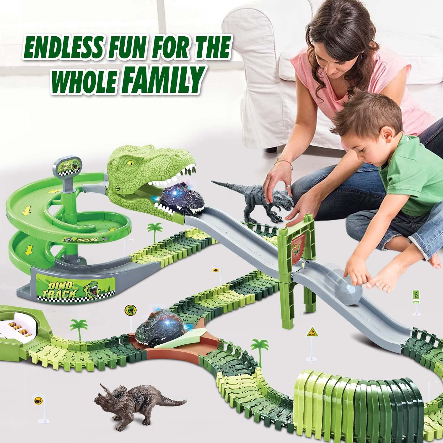 WESPREX Dinosaur Toys Flexible Race Track Toy Set 166 PCS with 2 Dinosaur Cars, Rotary Tower, Slide, Tunnel, U-Turn Station, 2 Dinosaur Figures, Toy Vehicle Playset, Gift for Kids Boys Girls Ages 3+