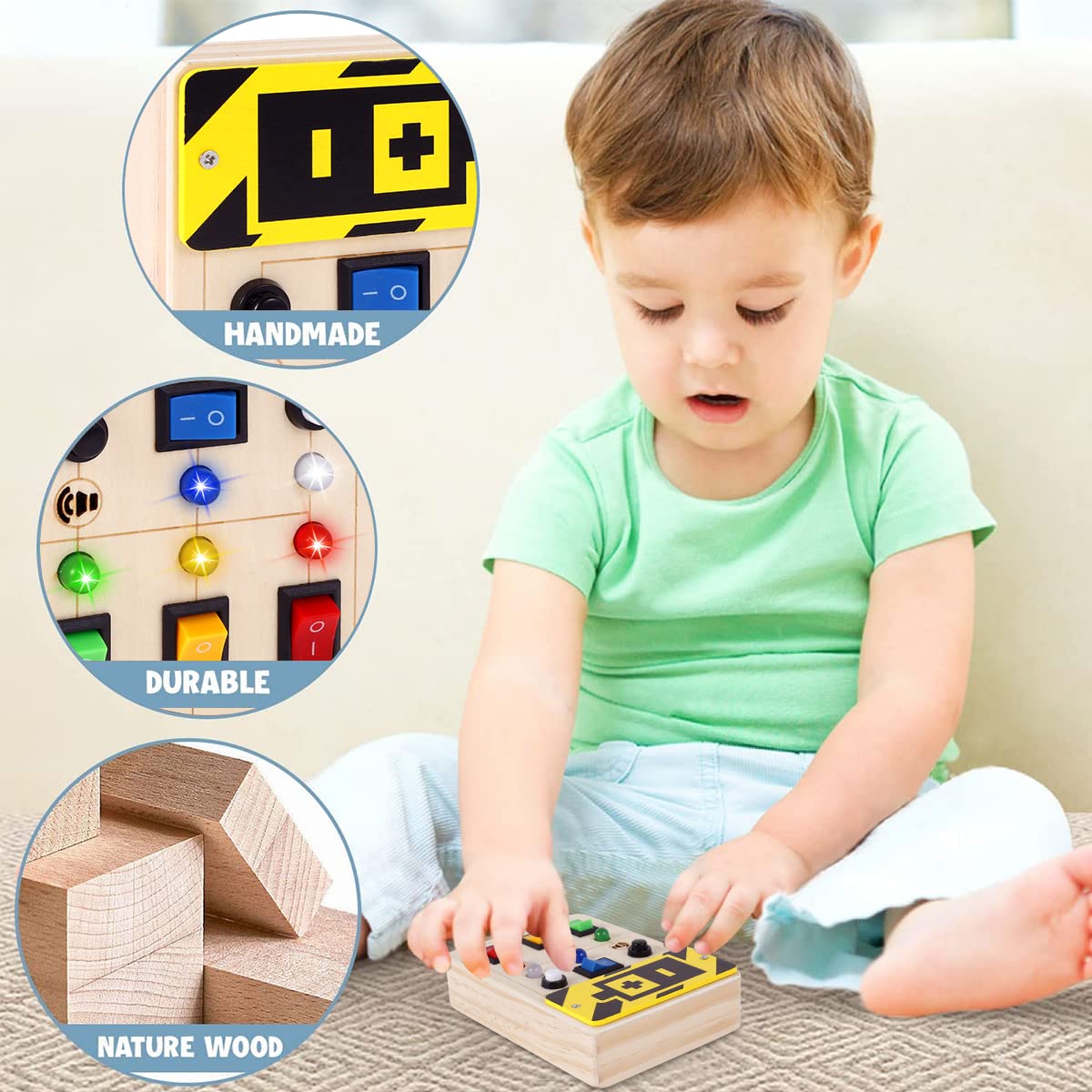 HOTBEST Montessori Busy Board for Toddlers, LED Light Switch Toys Sensory Toys, Wooden Sensory Toys with Light Up LED Buttons, Educational Learning Toy for Boys & Girls