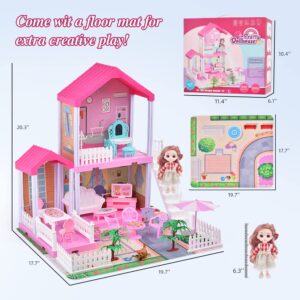 Dreamhouse Doll House for Girls, Fully Furnished Fashion Dollhouse w/Lights, Play Mat and Upgraded Doll, Numerous Doll Houses Furniture & Accessories, DIY Dollhouse Kit Gift Toy for Kids 3 4 5 6 7 8+