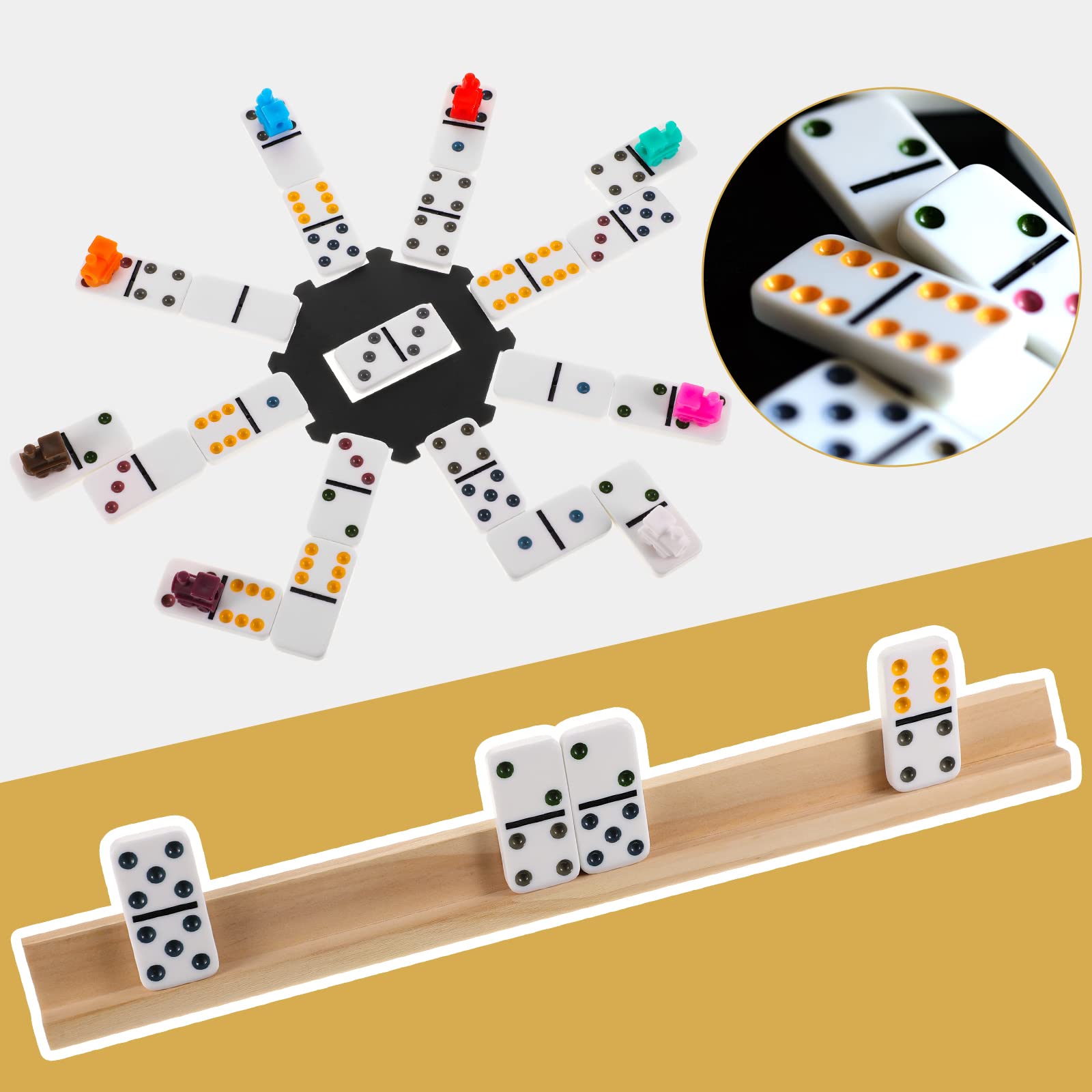 Hanaive Mexican Train Domino, Wooden Domino Racks Set, Domino Tiles Holders, Domino Trays and Accessories for Mexican Train