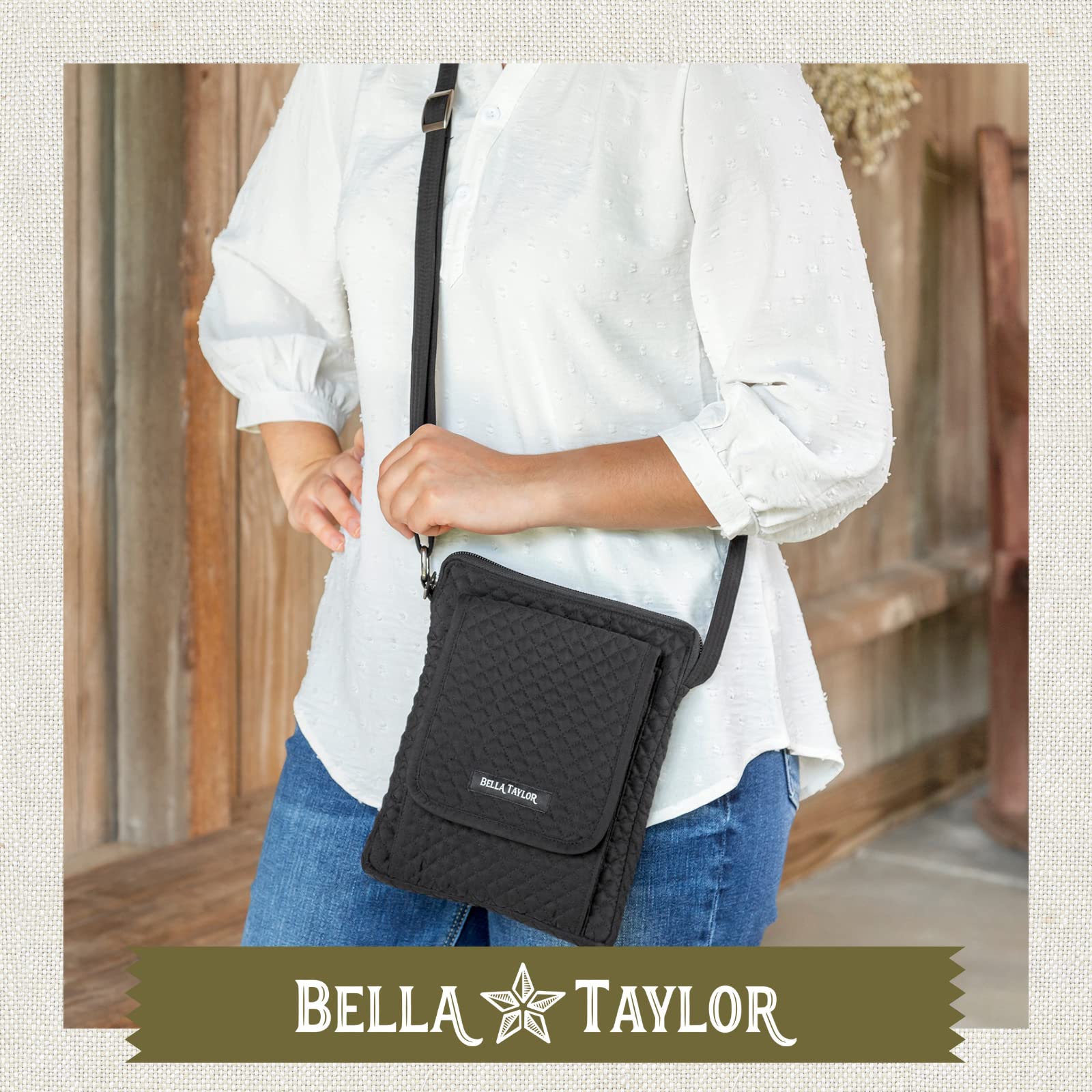 Bella Taylor Mini Crossbody Purse with Built In Wallet, Quilted Vintage Black Microfiber