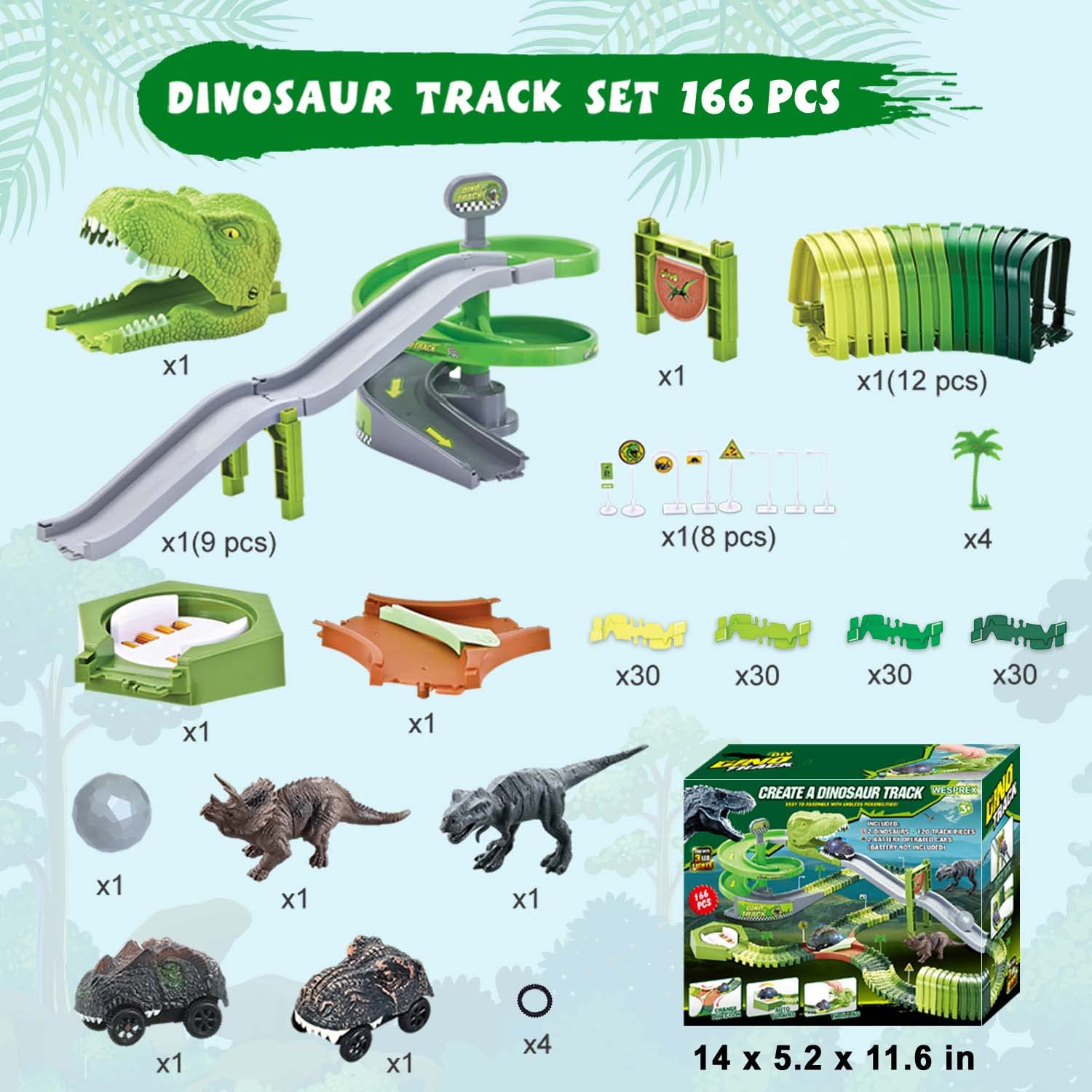 WESPREX Dinosaur Toys Flexible Race Track Toy Set 166 PCS with 2 Dinosaur Cars, Rotary Tower, Slide, Tunnel, U-Turn Station, 2 Dinosaur Figures, Toy Vehicle Playset, Gift for Kids Boys Girls Ages 3+