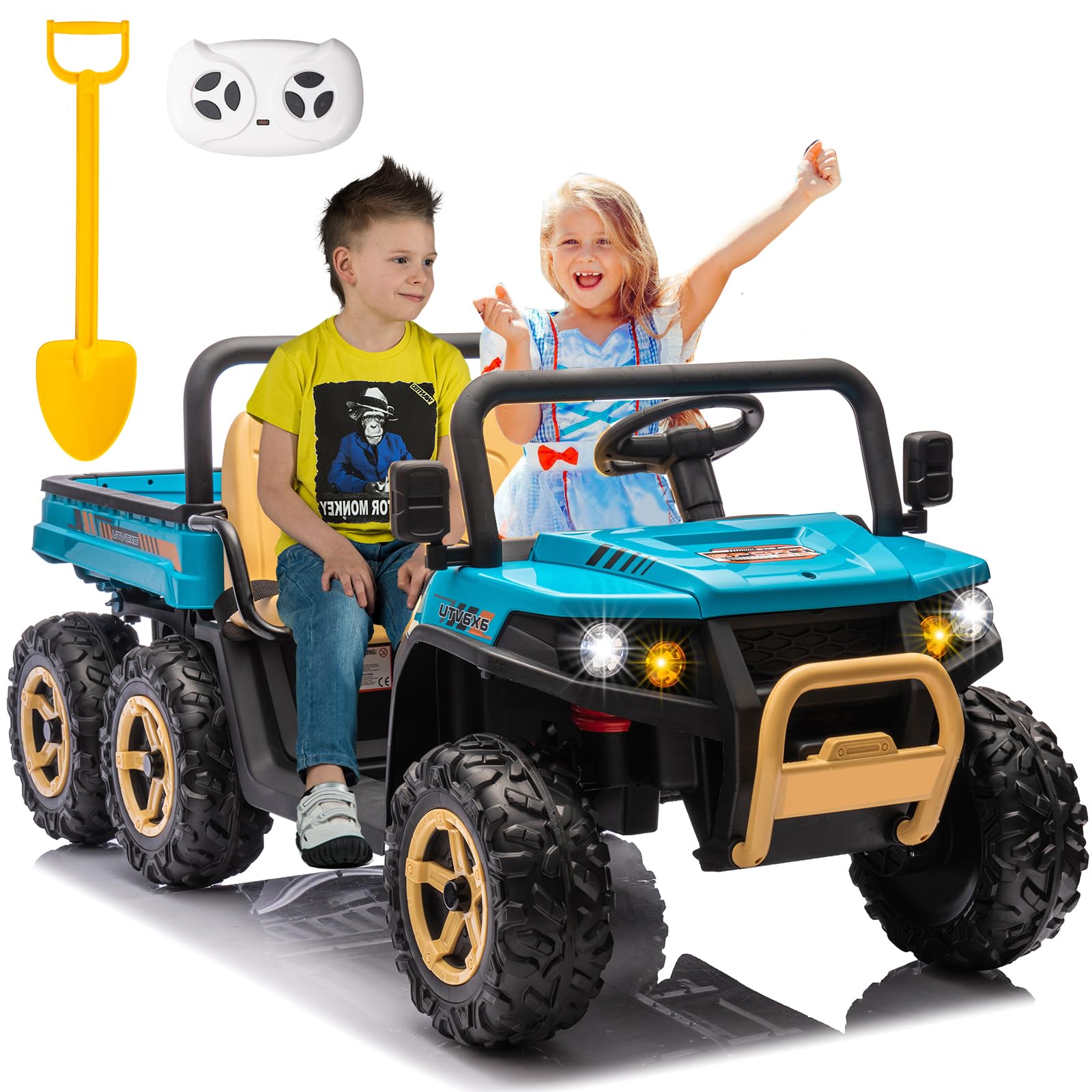 POSTACK 24V 4WD Ride on Dump Truck, 6 Wheels Ride On Car with Remote Control, Side by Side 2 Seater Power 6 Wheels for Big Kids, Ride on Tractor for Toddler with Music, Bluetooth, Blue