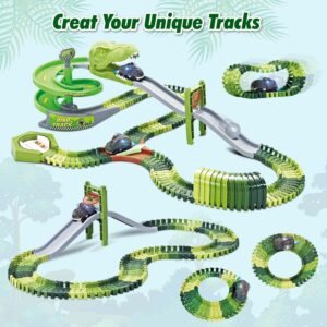 WESPREX Dinosaur Toys Flexible Race Track Toy Set 166 PCS with 2 Dinosaur Cars, Rotary Tower, Slide, Tunnel, U-Turn Station, 2 Dinosaur Figures, Toy Vehicle Playset, Gift for Kids Boys Girls Ages 3+