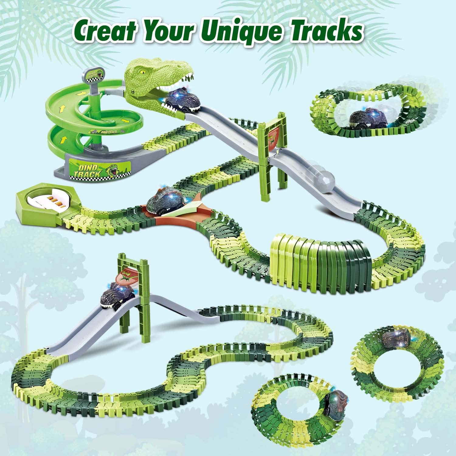 WESPREX Dinosaur Toys Flexible Race Track Toy Set 166 PCS with 2 Dinosaur Cars, Rotary Tower, Slide, Tunnel, U-Turn Station, 2 Dinosaur Figures, Toy Vehicle Playset, Gift for Kids Boys Girls Ages 3+