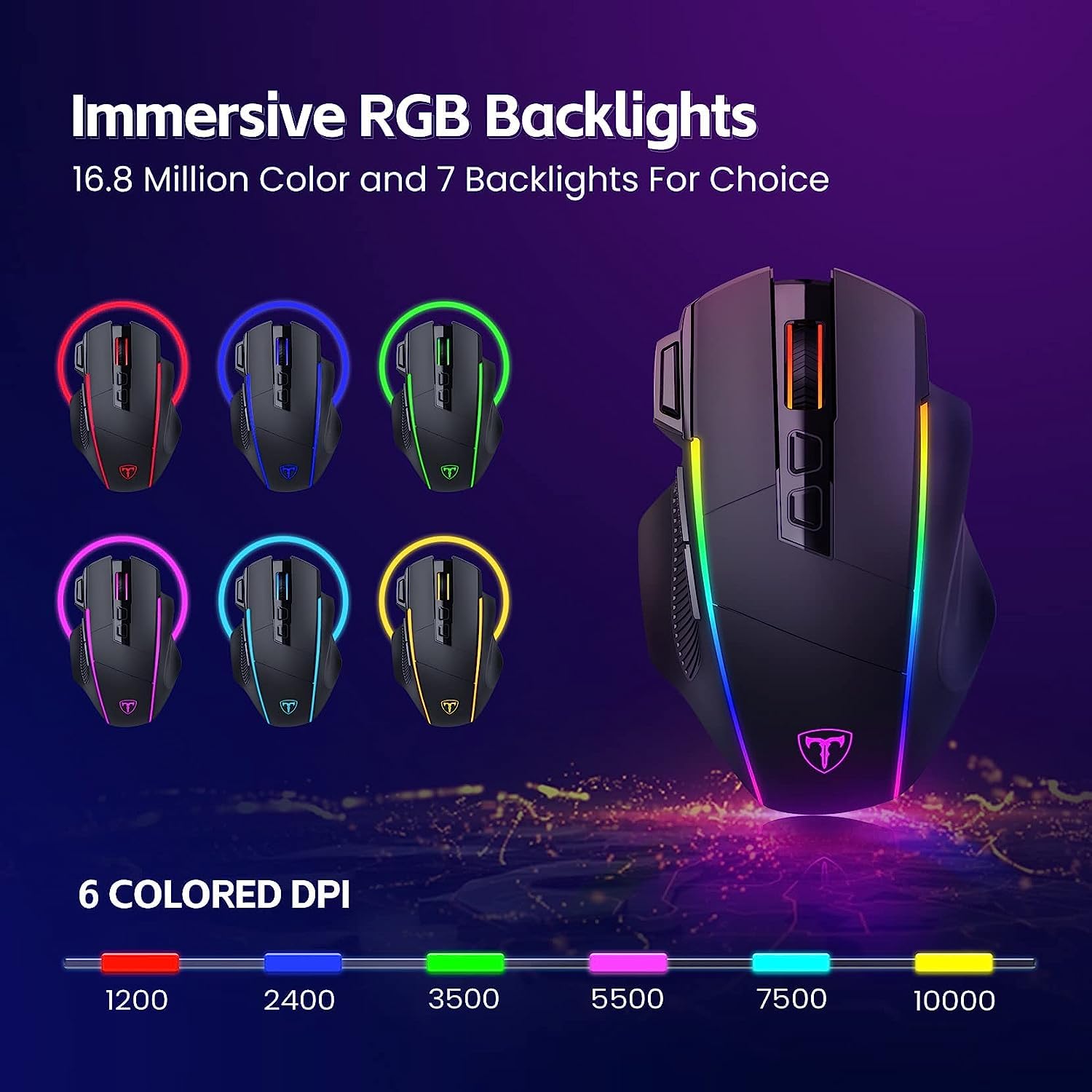 RisoPhy Wireless Gaming Mouse,Tri-Mode 2.4G/USB-C/Bluetooth Mouse Up to 10000DPI,Chroma RGB Backlit,Ergonomic Mouse with 8 Programmable Buttons,Rechargeable Computer Mouse for Laptop,PC,Mac