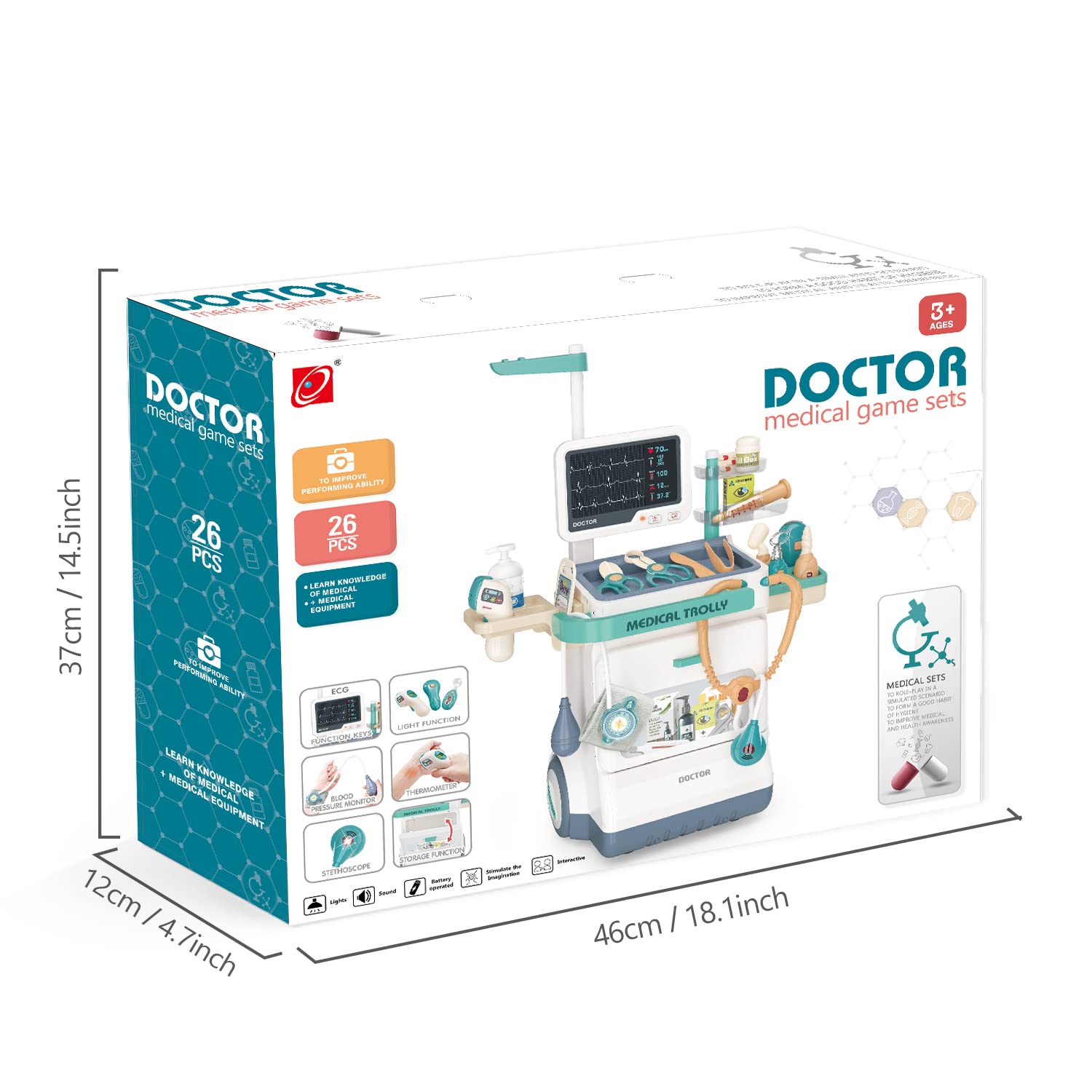 Sotodik Doctor Kit for Kids 26 Accessories Pretend Medical Station Set for Boys & Girls Mobile Cart with Stethoscope and Medical Toy Accessories for Ages 3 and Up Children Role Play Educational Toys