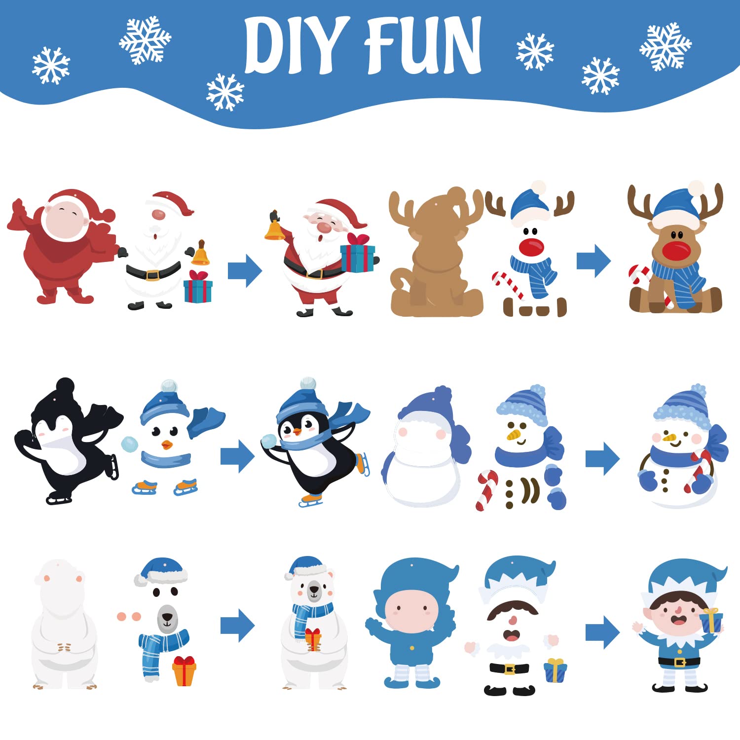 Haooryx 46PCS Winter Christmas Craft Kit for Kids Christmas Arts and Crafts DIY Christmas Tree Ornament Make Your Own Christmas Crafts Project DIY Snowmen Penguin Face Sticker for Holiday Class Party