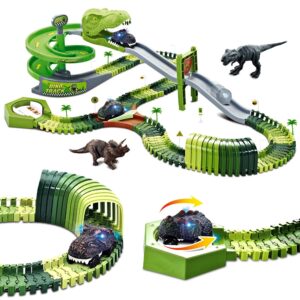 wesprex dinosaur toys flexible race track toy set 166 pcs with 2 dinosaur cars, rotary tower, slide, tunnel, u-turn station, 2 dinosaur figures, toy vehicle playset, gift for kids boys girls ages 3+