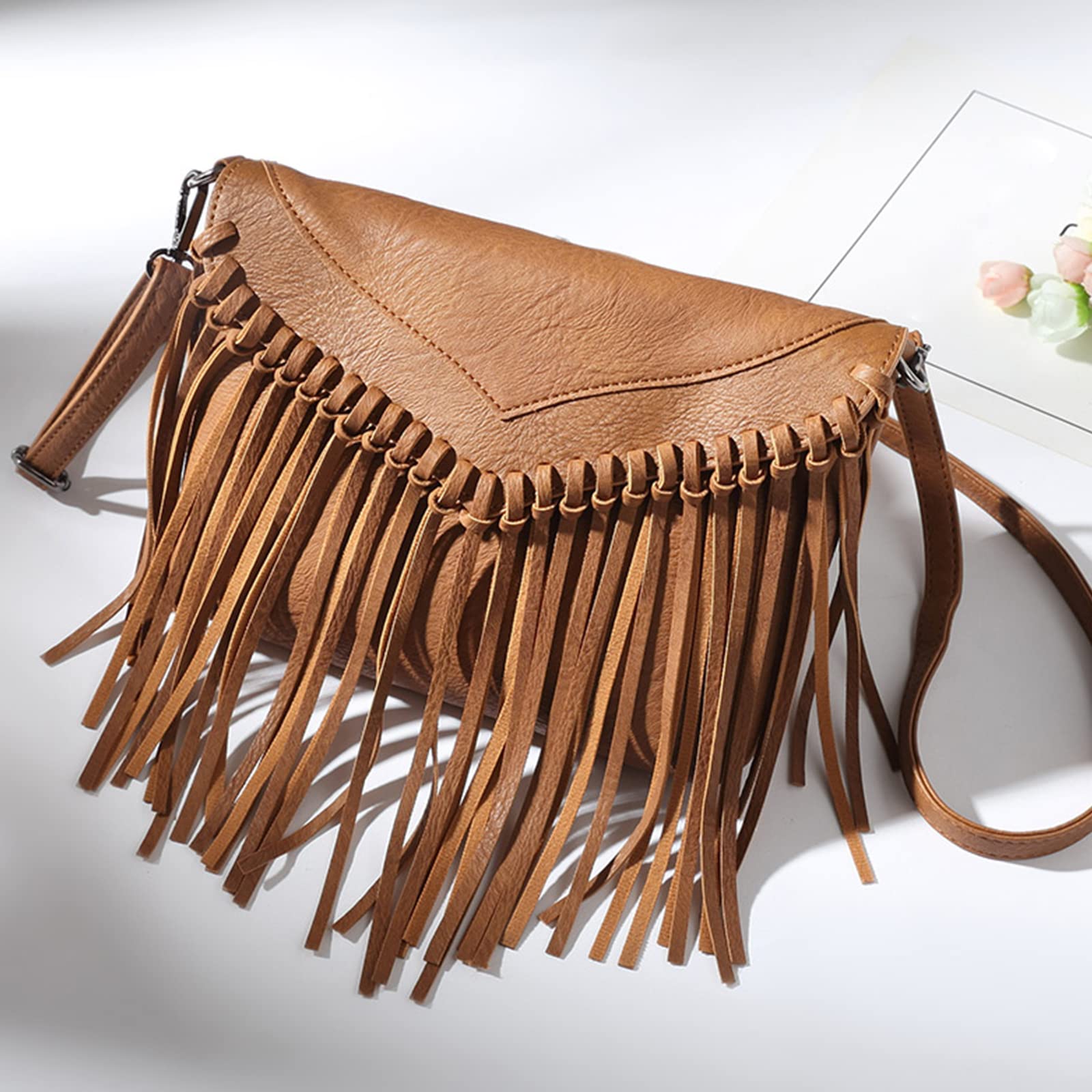 Lytosmoo Vintage Fringe Purse Fringe Hobo Bags for Women Vegan Leather Tassel Hippie Crossbody Bag 02-Brown